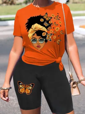 Sets Crew Neck Print T-Shirts & Shorts Two-Piece Set for Women