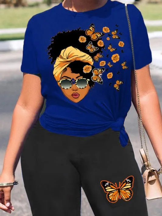 Sets Crew Neck Print T-Shirts & Shorts Two-Piece Set for Women