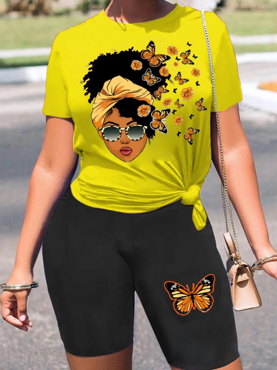 Sets Crew Neck Print T-Shirts & Shorts Two-Piece Set for Women