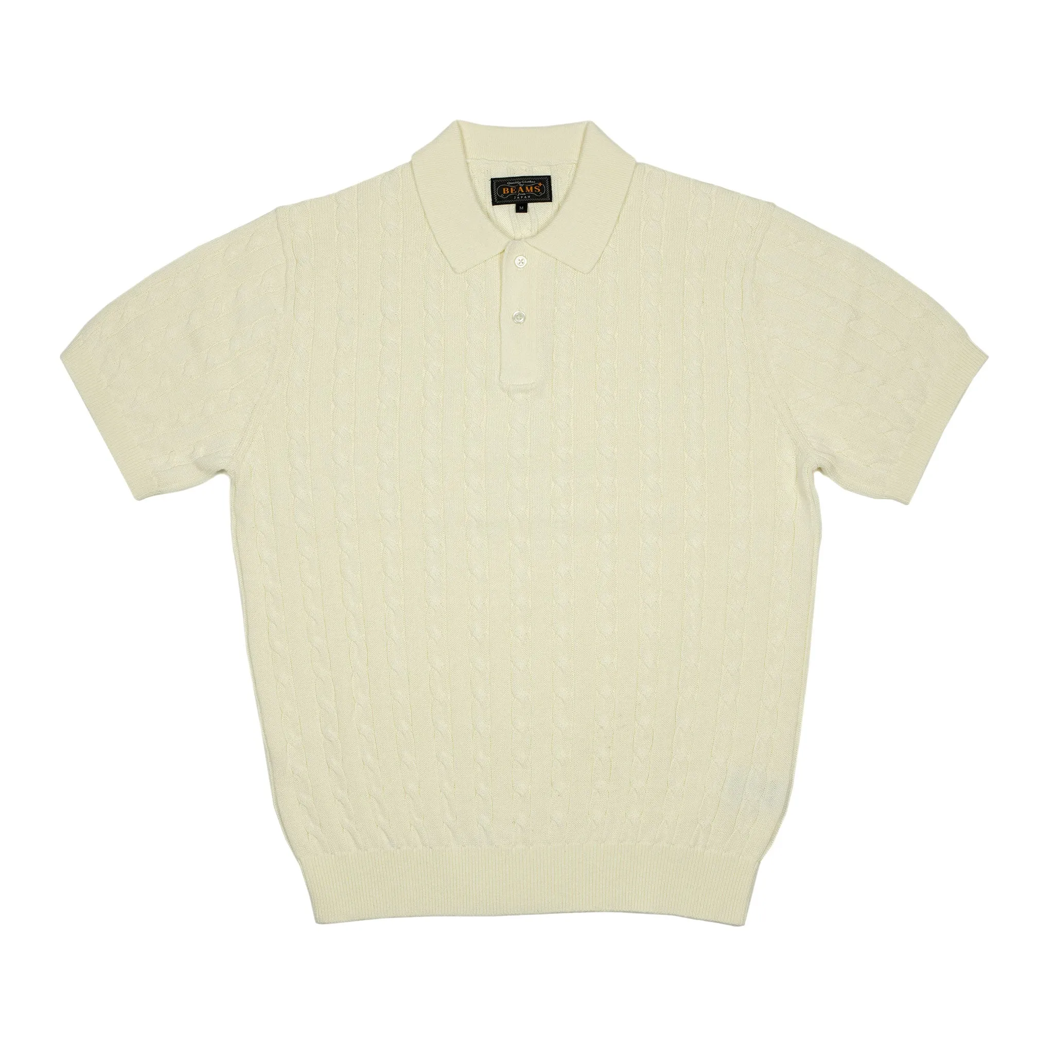 Short sleeve cable knit polo in cream linen and cotton