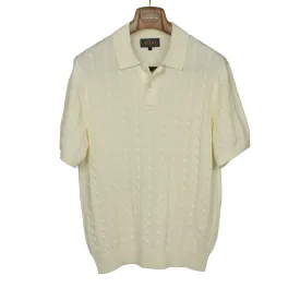 Short sleeve cable knit polo in cream linen and cotton