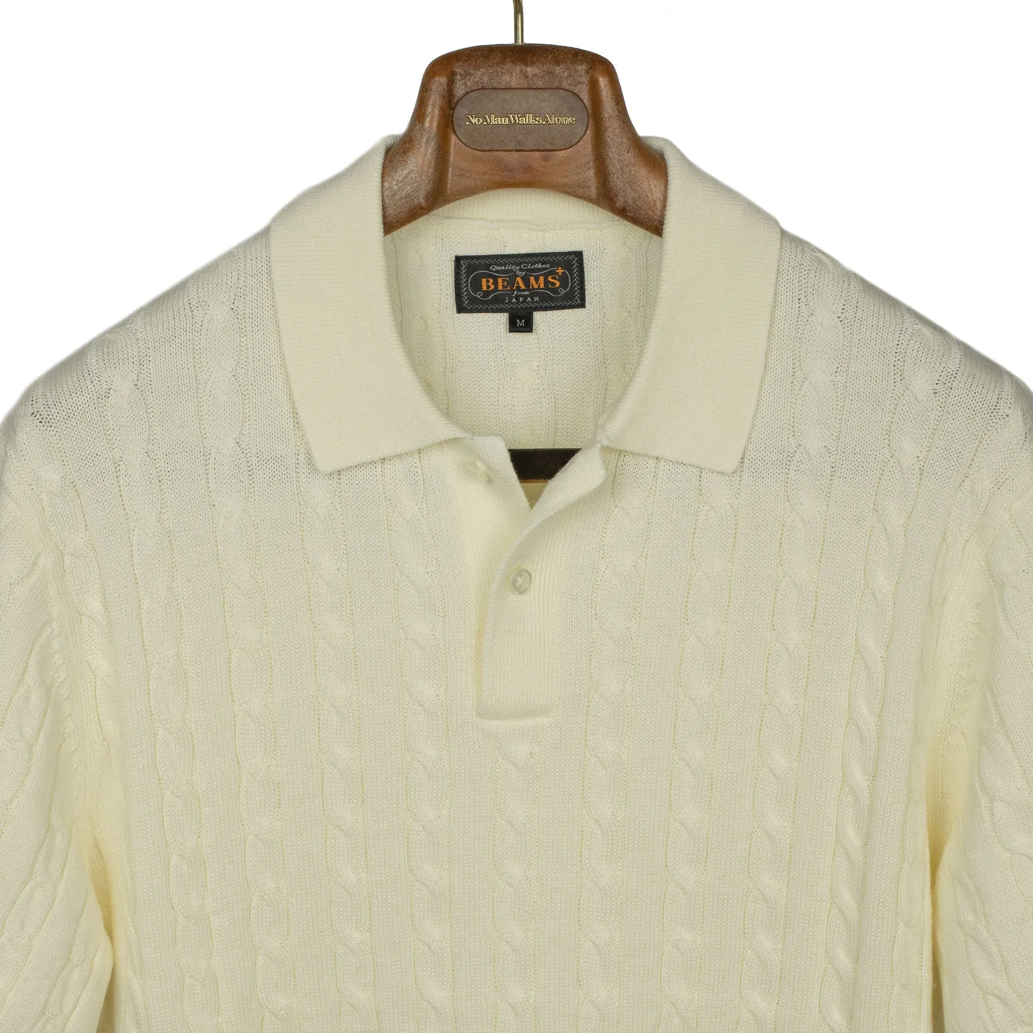 Short sleeve cable knit polo in cream linen and cotton