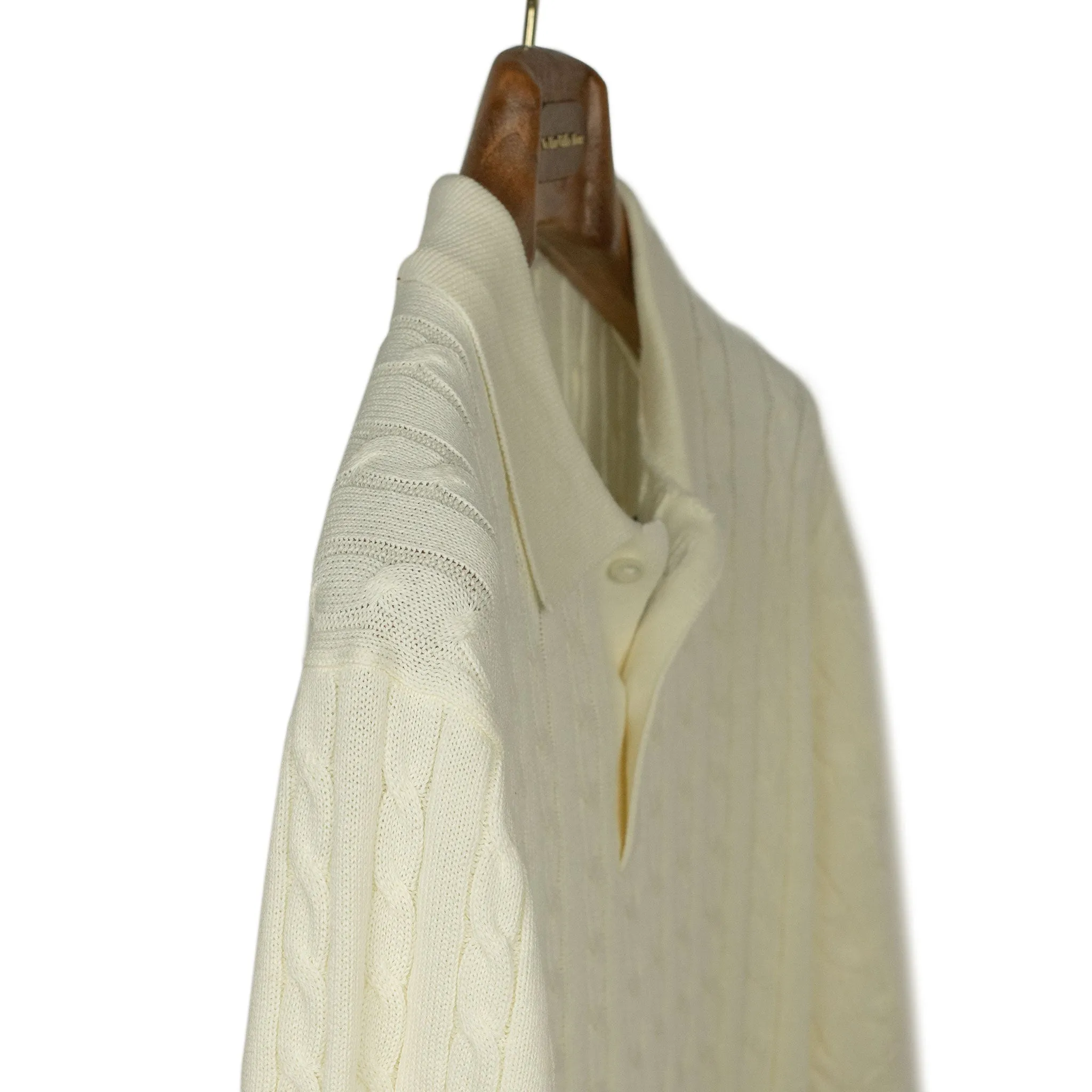 Short sleeve cable knit polo in cream linen and cotton