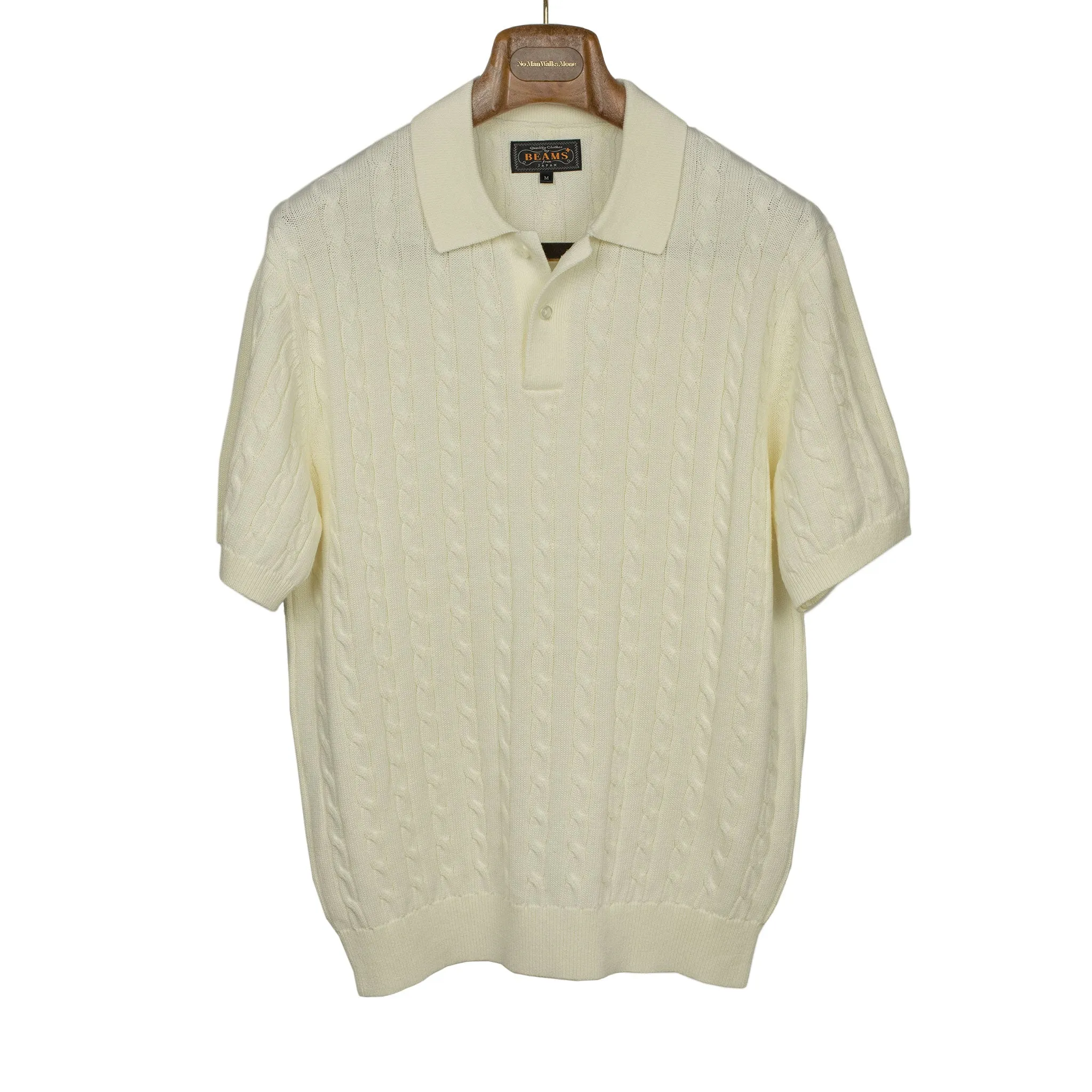 Short sleeve cable knit polo in cream linen and cotton