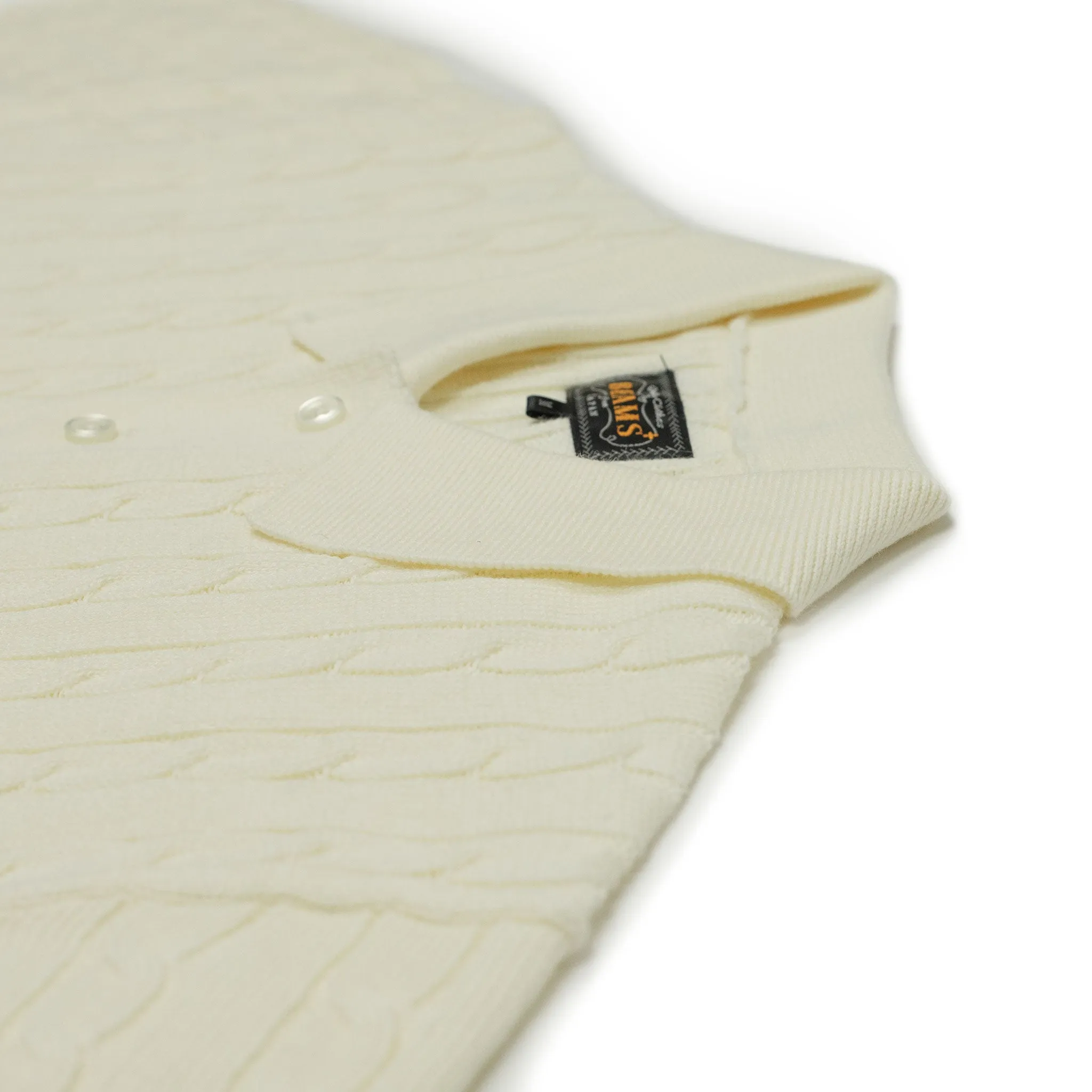 Short sleeve cable knit polo in cream linen and cotton