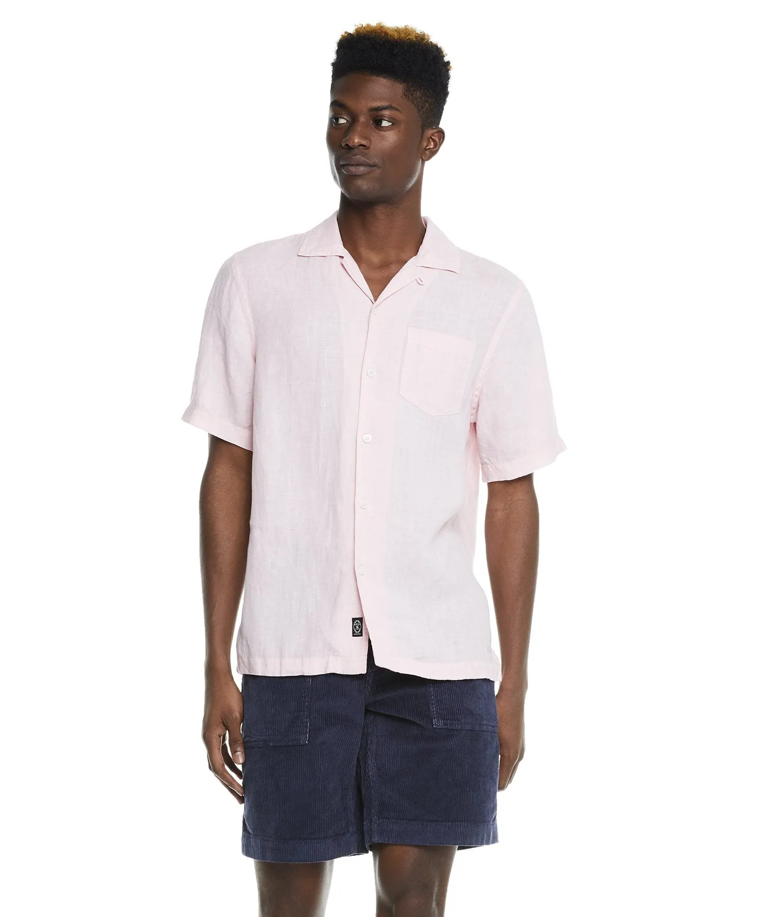 Short Sleeve Linen Camp Collar Shirt in Pink