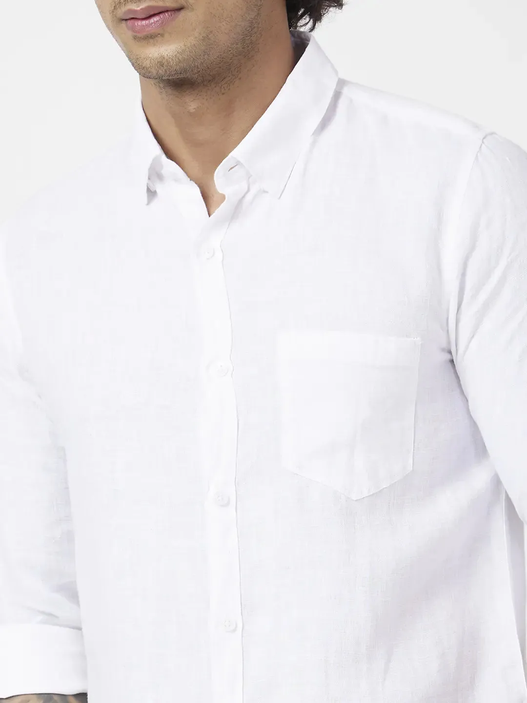 Spykar Men White Linen Regular Slim Fit Full Sleeve Plain Shirt