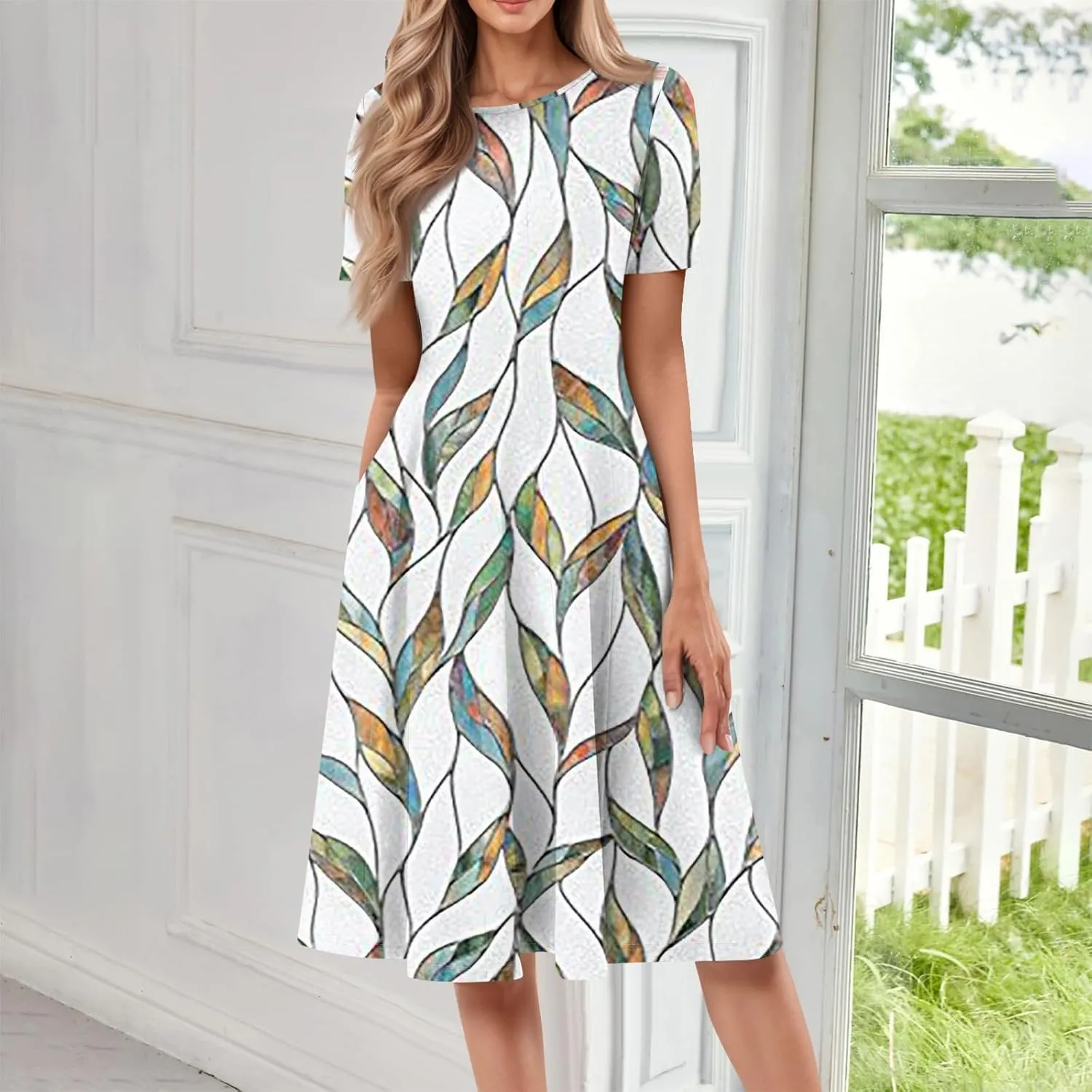 Summer Dresses for Women 2025 Short Sleeve Dresses Empire Waist Wrap Dress Business Boho Dress Midi with Pocket