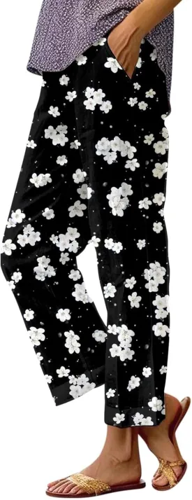Summer Pants for Women 2025 Vacation Casual Boho Floral Print Cotton Linen Pants Fashion Wide Leg Stripe Lounge Pant