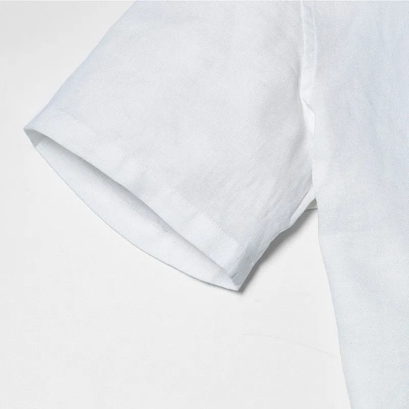 Summer Short sleeved Shirts Men 100% Linen White Solid Color Slim Fit Plus Size Collarless Tops