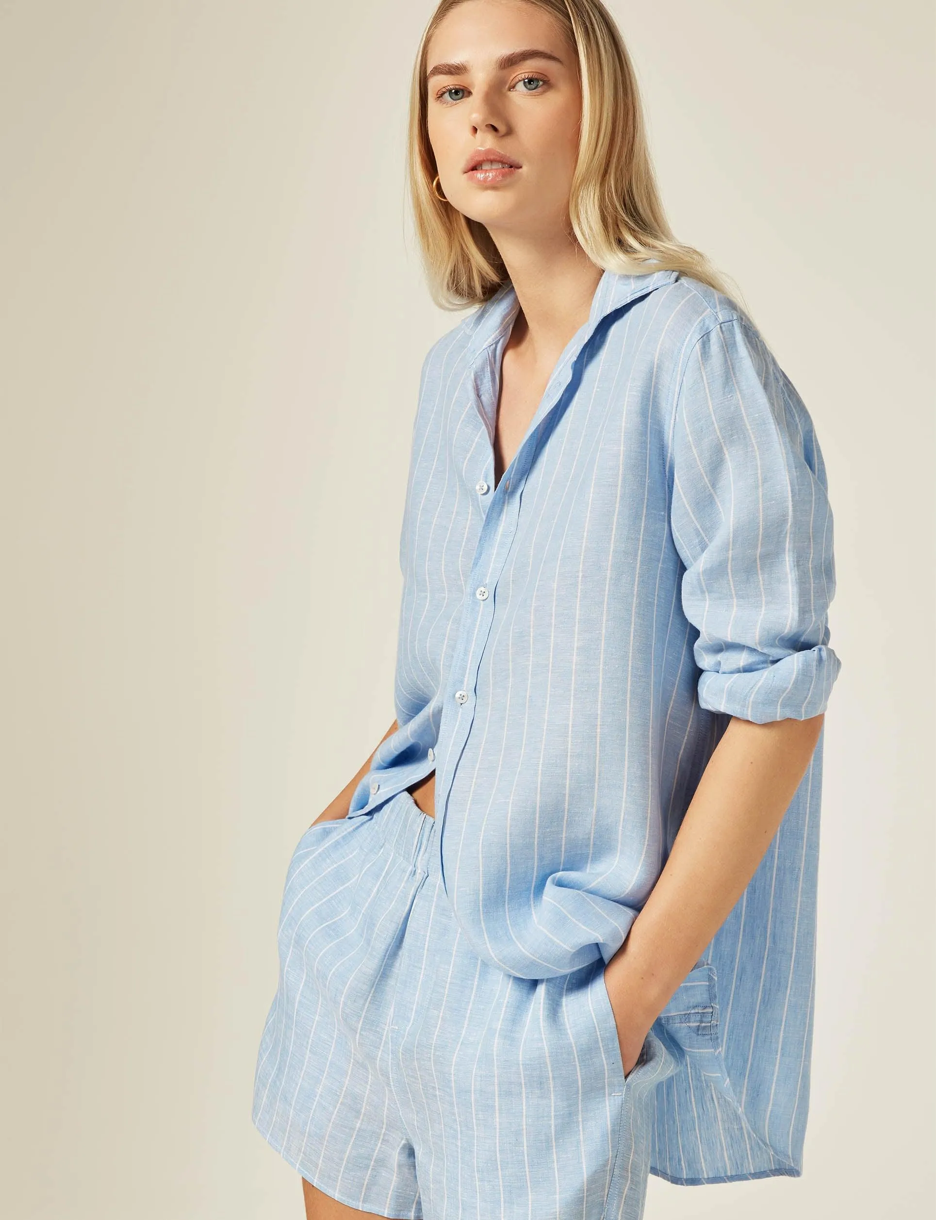 The Boyfriend: Linen, Sky Blue Stripe