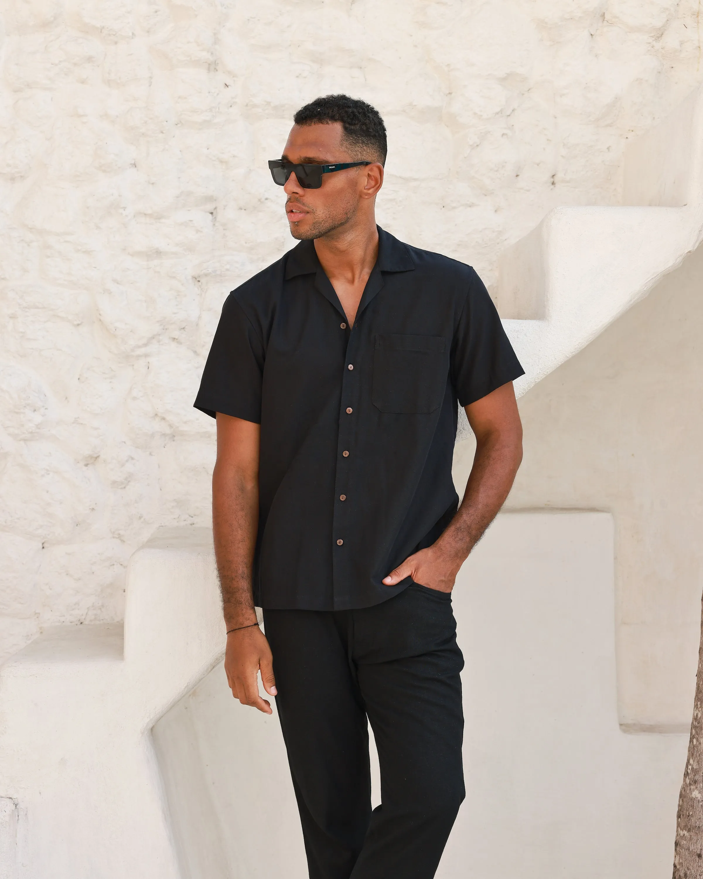 Mens Premium Black Linen Camp Collar Shirt - Mykonos Collection