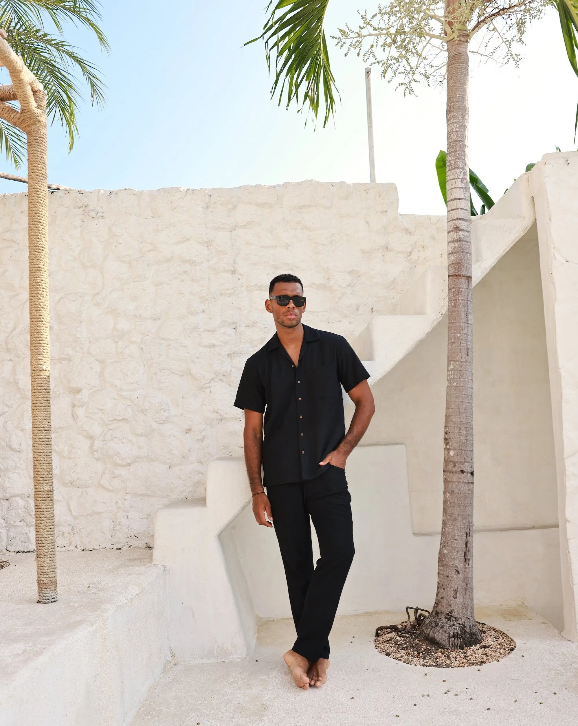 Mens Premium Black Linen Camp Collar Shirt - Mykonos Collection