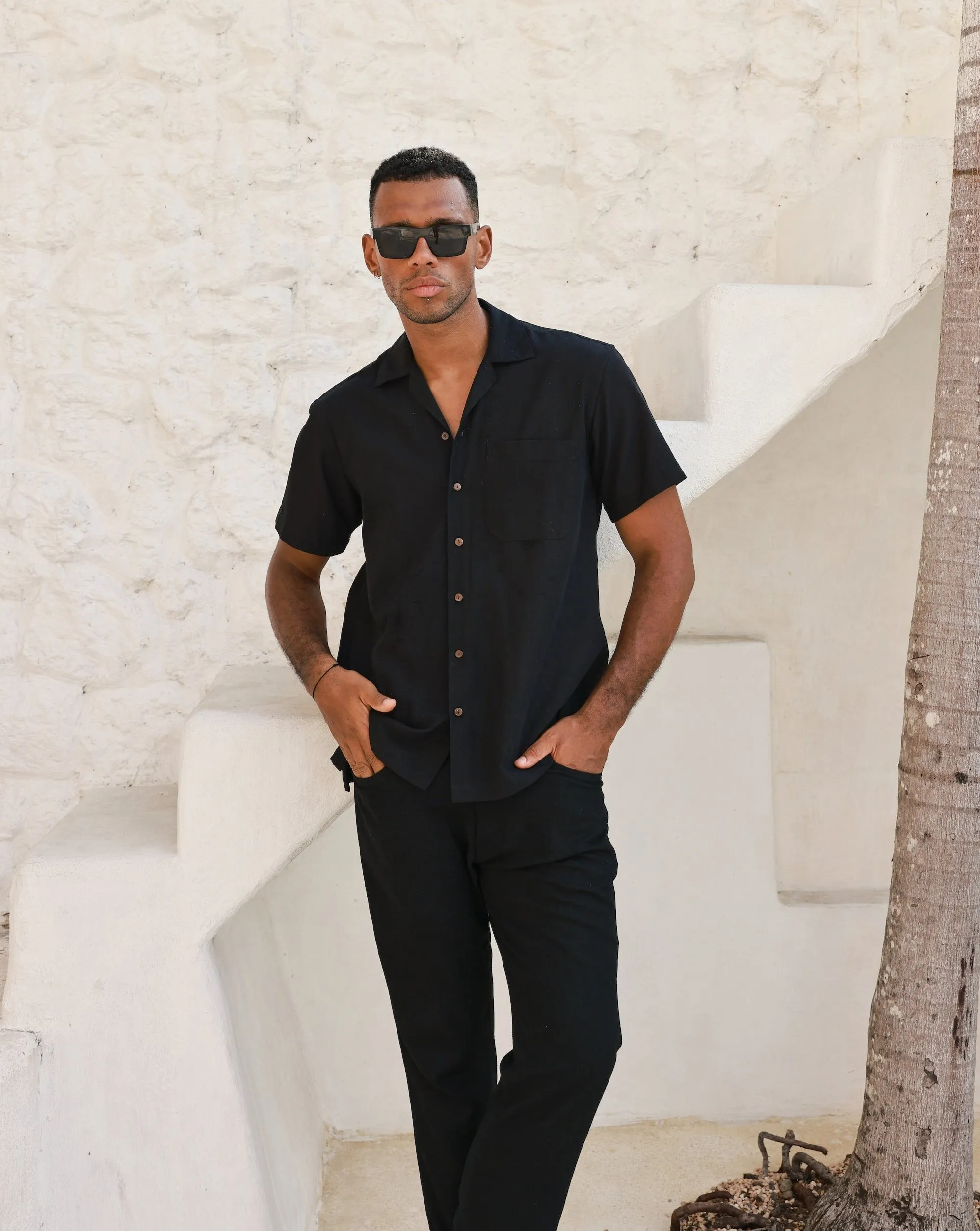 Mens Premium Black Linen Camp Collar Shirt - Mykonos Collection