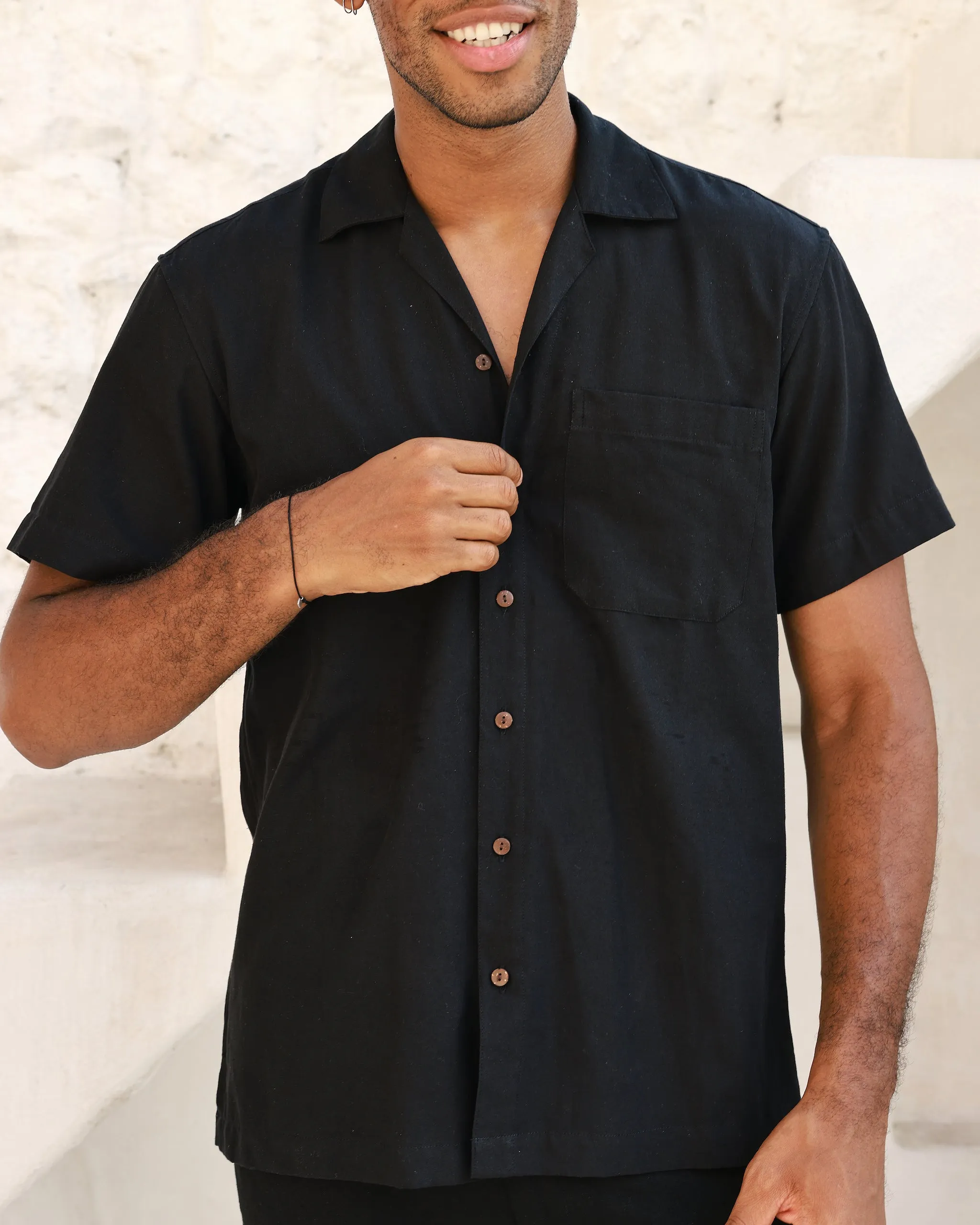 Mens Premium Black Linen Camp Collar Shirt - Mykonos Collection
