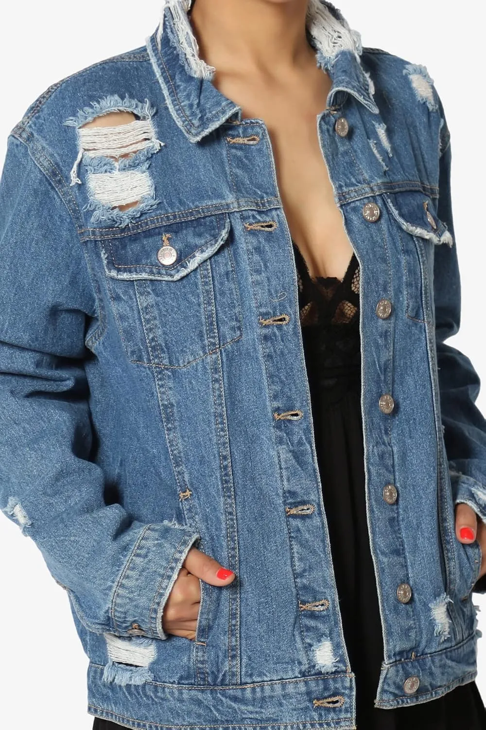 TheMogan S~3X Vintage Distressed Dark Washed Slim Fit Cropped Denim Jacket