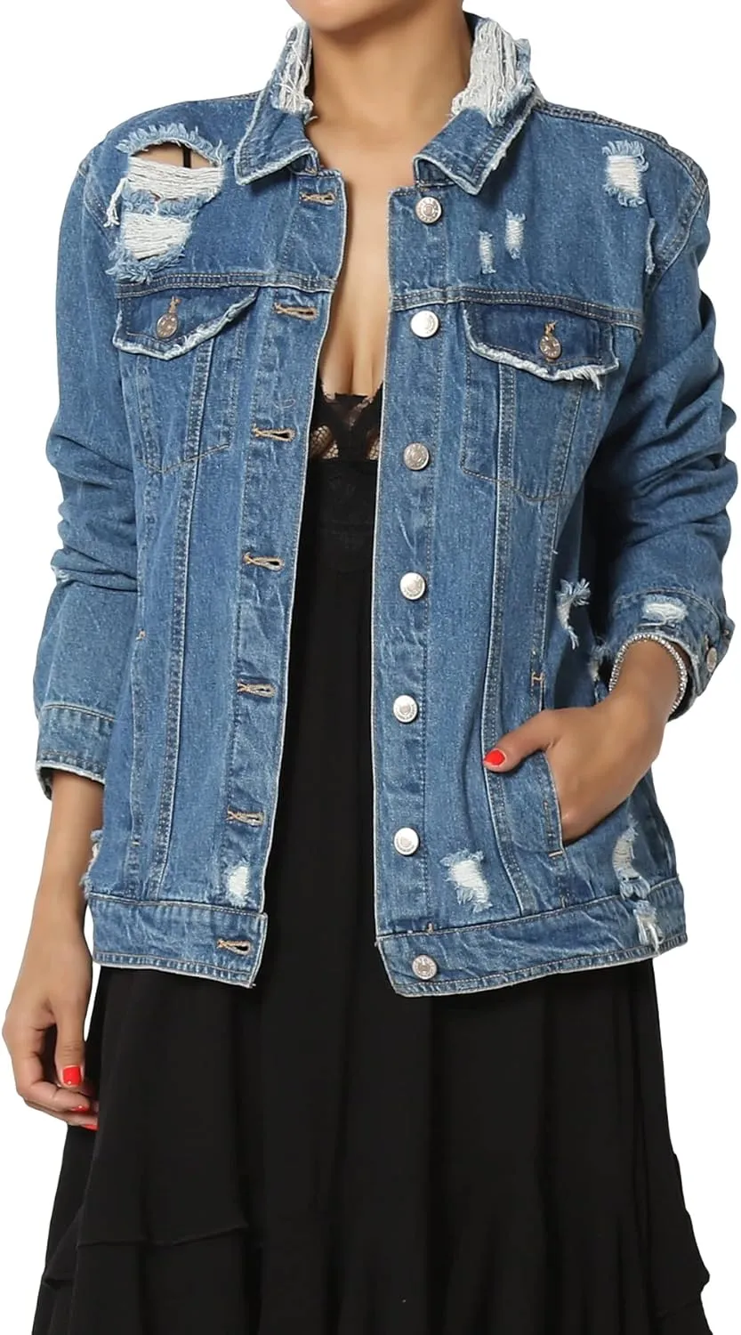 TheMogan S~3X Vintage Distressed Dark Washed Slim Fit Cropped Denim Jacket
