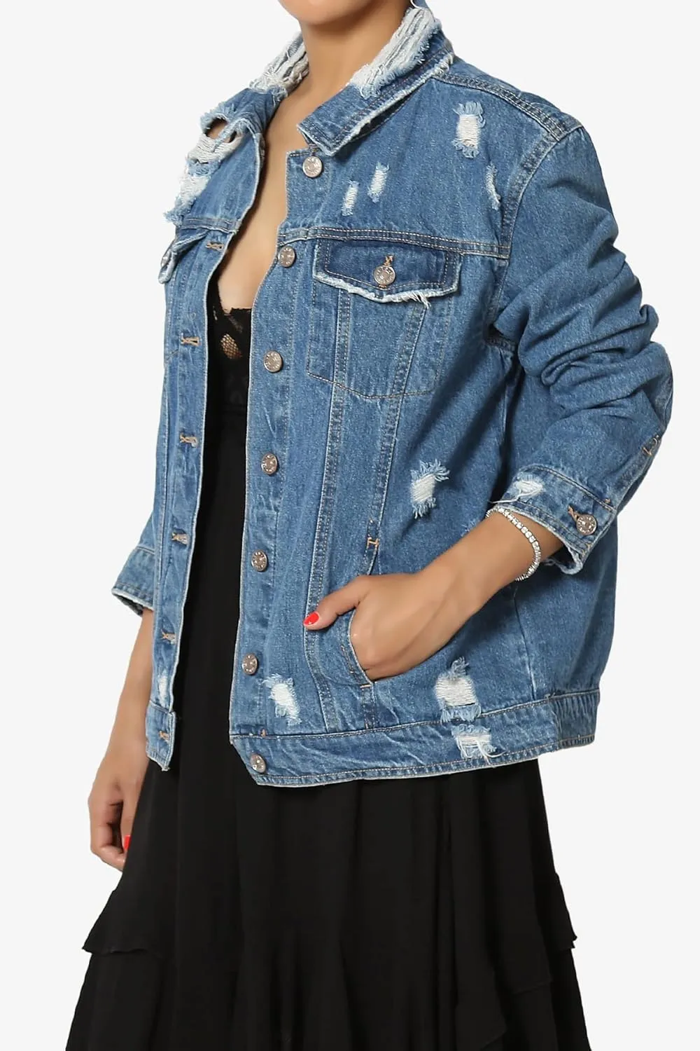 TheMogan S~3X Vintage Distressed Dark Washed Slim Fit Cropped Denim Jacket