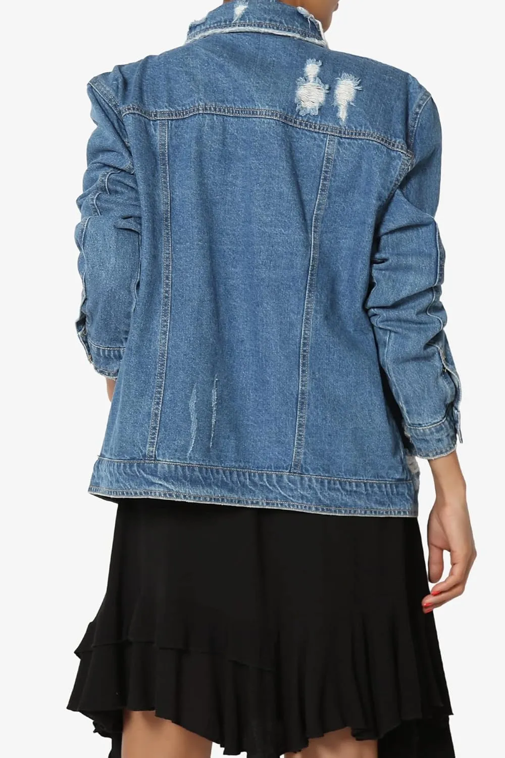 TheMogan S~3X Vintage Distressed Dark Washed Slim Fit Cropped Denim Jacket