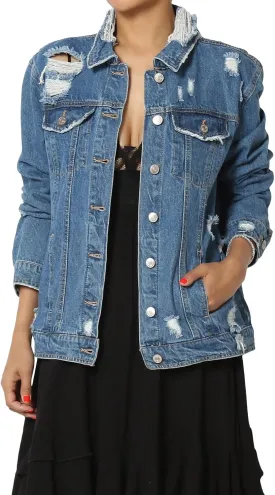 TheMogan S~3X Vintage Distressed Dark Washed Slim Fit Cropped Denim Jacket