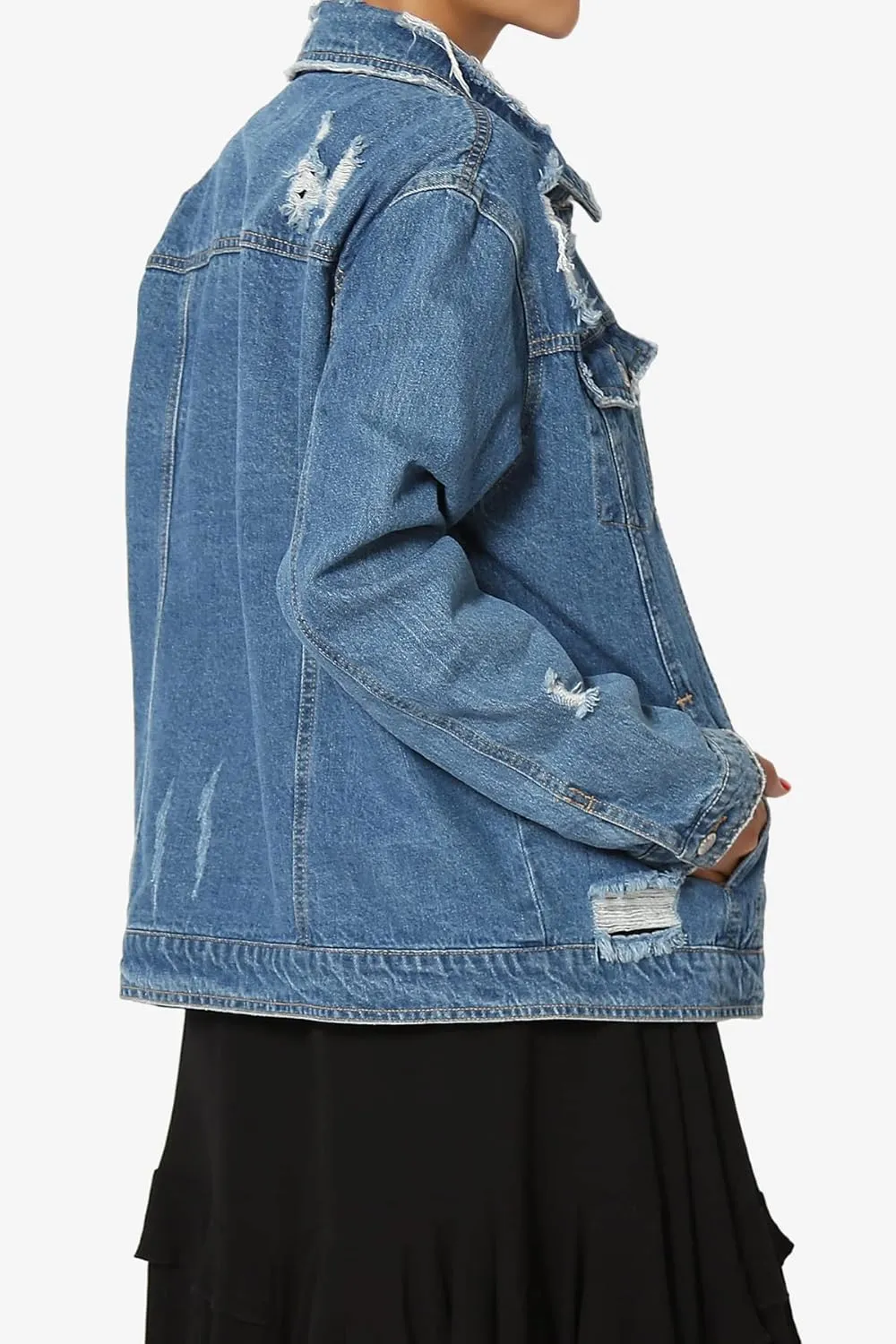 TheMogan S~3X Vintage Distressed Dark Washed Slim Fit Cropped Denim Jacket