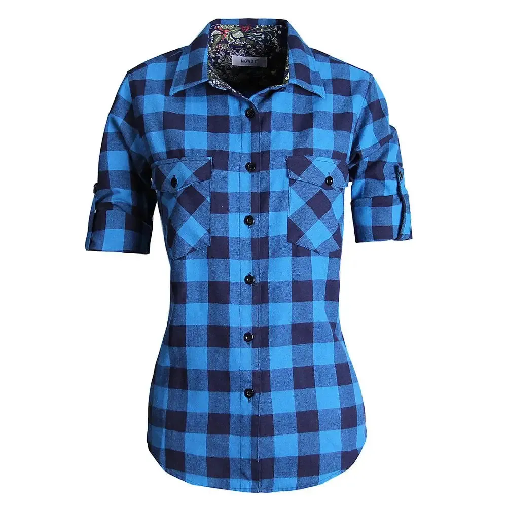 Uniwim Women Tops Collared Button Down shirts Ladies Blouses Roll up Long Sleeve Western Tartan Plaid Flannel Shirt  Hot Sale plus size