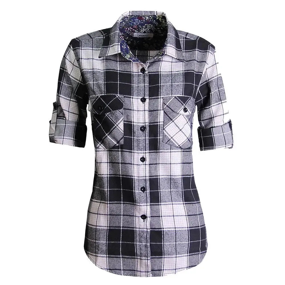 Uniwim Women Tops Collared Button Down shirts Ladies Blouses Roll up Long Sleeve Western Tartan Plaid Flannel Shirt  Hot Sale plus size