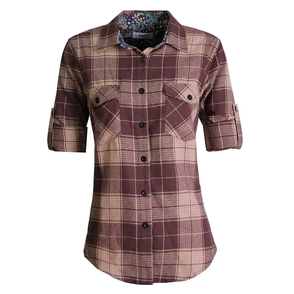 Uniwim Women Tops Collared Button Down shirts Ladies Blouses Roll up Long Sleeve Western Tartan Plaid Flannel Shirt  Hot Sale plus size