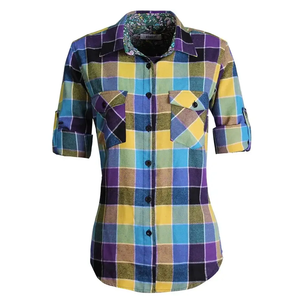 Uniwim Women Tops Collared Button Down shirts Ladies Blouses Roll up Long Sleeve Western Tartan Plaid Flannel Shirt  Hot Sale plus size