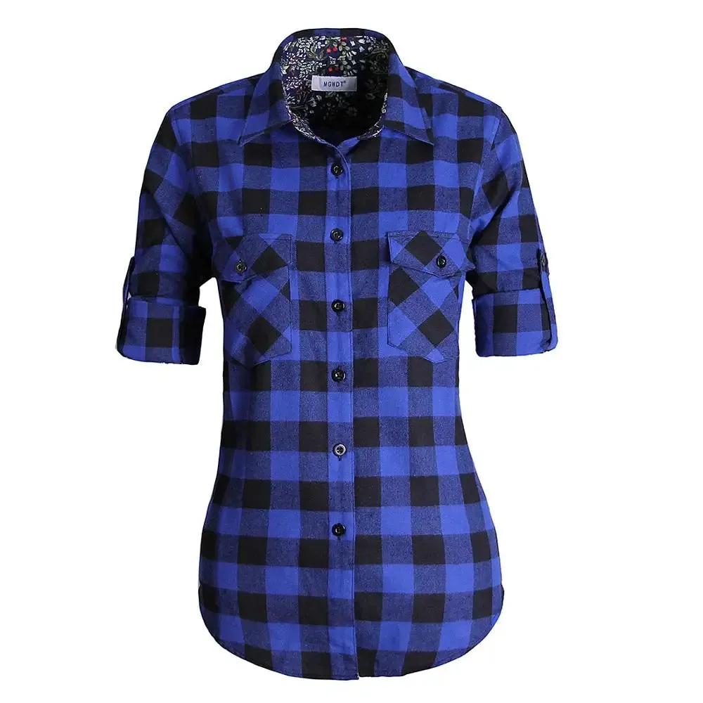 Uniwim Women Tops Collared Button Down shirts Ladies Blouses Roll up Long Sleeve Western Tartan Plaid Flannel Shirt  Hot Sale plus size