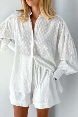 Wenkouban Back To School White Elegant Jacquard Shorts Sets Solid Long Sleeves Shirts And Hot Pants Two Pieces Set Female Casual Vacation Outfits