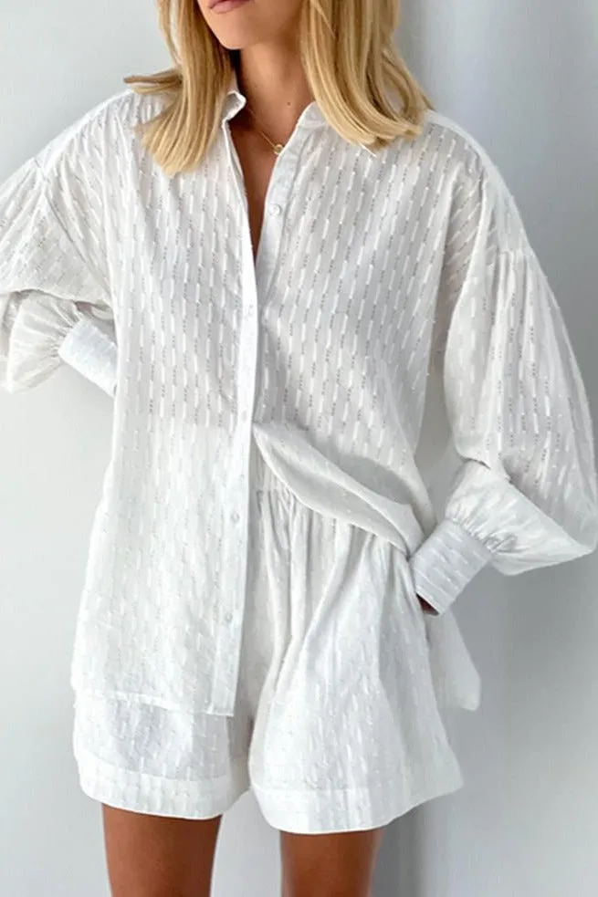Wenkouban Back To School White Elegant Jacquard Shorts Sets Solid Long Sleeves Shirts And Hot Pants Two Pieces Set Female Casual Vacation Outfits