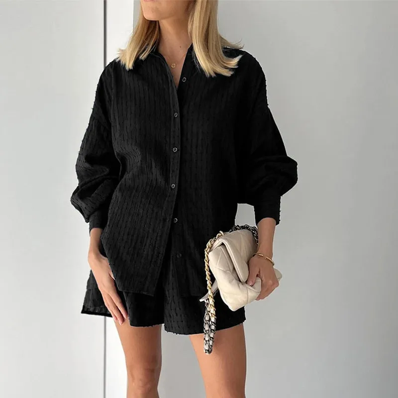 Wenkouban Back To School White Elegant Jacquard Shorts Sets Solid Long Sleeves Shirts And Hot Pants Two Pieces Set Female Casual Vacation Outfits