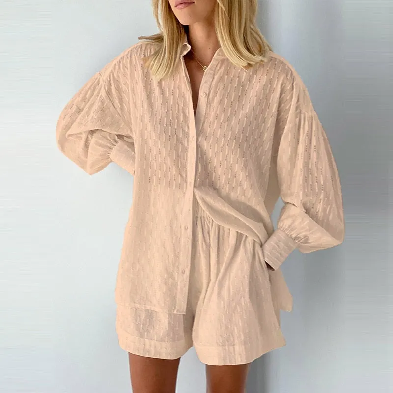Wenkouban Back To School White Elegant Jacquard Shorts Sets Solid Long Sleeves Shirts And Hot Pants Two Pieces Set Female Casual Vacation Outfits