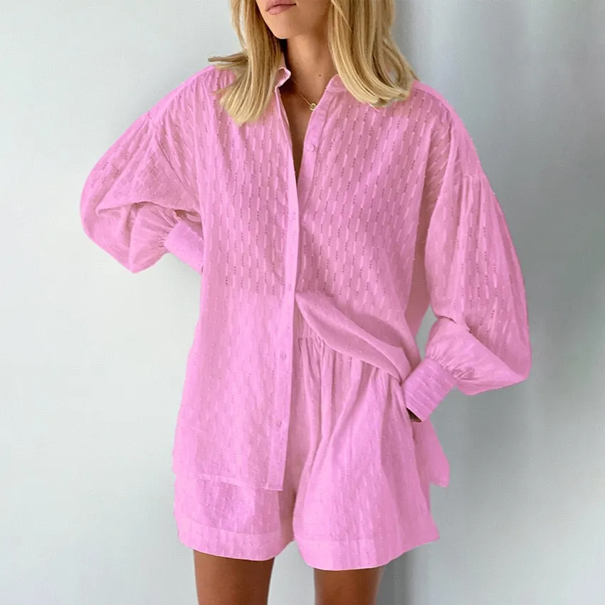 Wenkouban Back To School White Elegant Jacquard Shorts Sets Solid Long Sleeves Shirts And Hot Pants Two Pieces Set Female Casual Vacation Outfits
