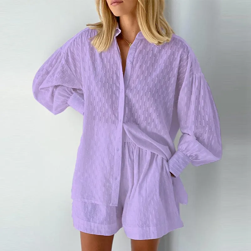 Wenkouban Back To School White Elegant Jacquard Shorts Sets Solid Long Sleeves Shirts And Hot Pants Two Pieces Set Female Casual Vacation Outfits