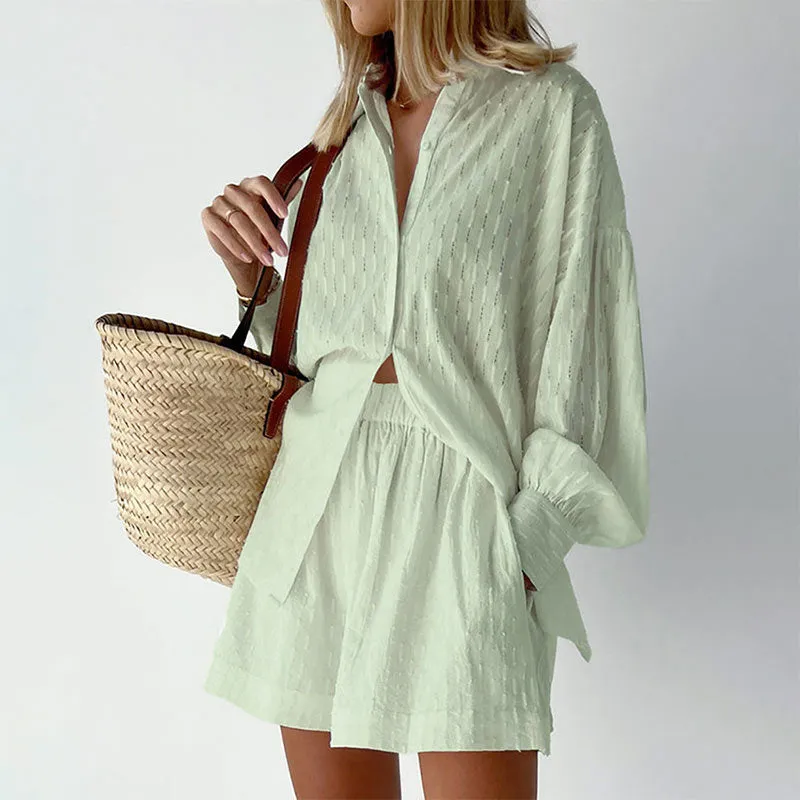 Wenkouban Back To School White Elegant Jacquard Shorts Sets Solid Long Sleeves Shirts And Hot Pants Two Pieces Set Female Casual Vacation Outfits