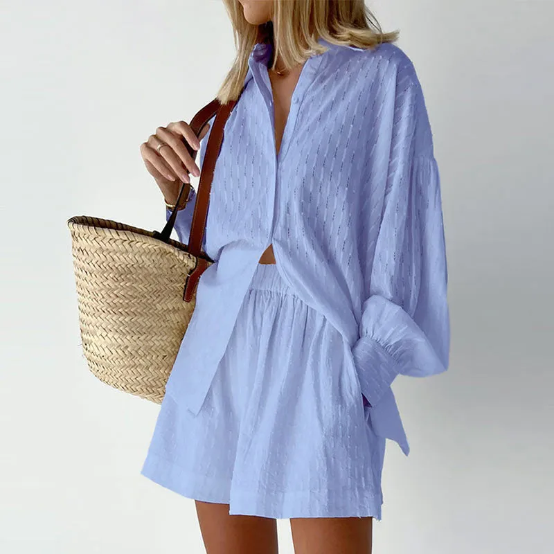 Wenkouban Back To School White Elegant Jacquard Shorts Sets Solid Long Sleeves Shirts And Hot Pants Two Pieces Set Female Casual Vacation Outfits