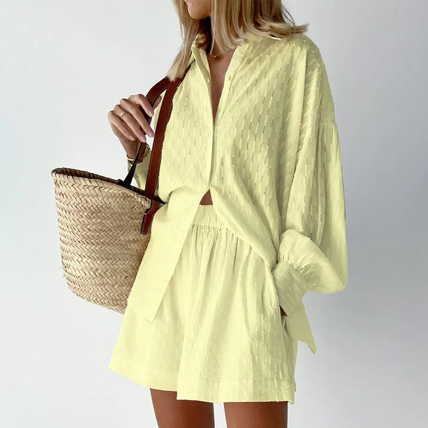 Wenkouban Back To School White Elegant Jacquard Shorts Sets Solid Long Sleeves Shirts And Hot Pants Two Pieces Set Female Casual Vacation Outfits