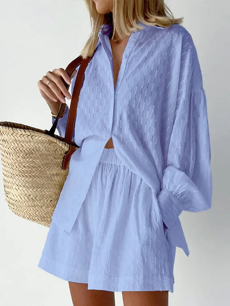 Wenkouban Back To School White Elegant Jacquard Shorts Sets Solid Long Sleeves Shirts And Hot Pants Two Pieces Set Female Casual Vacation Outfits