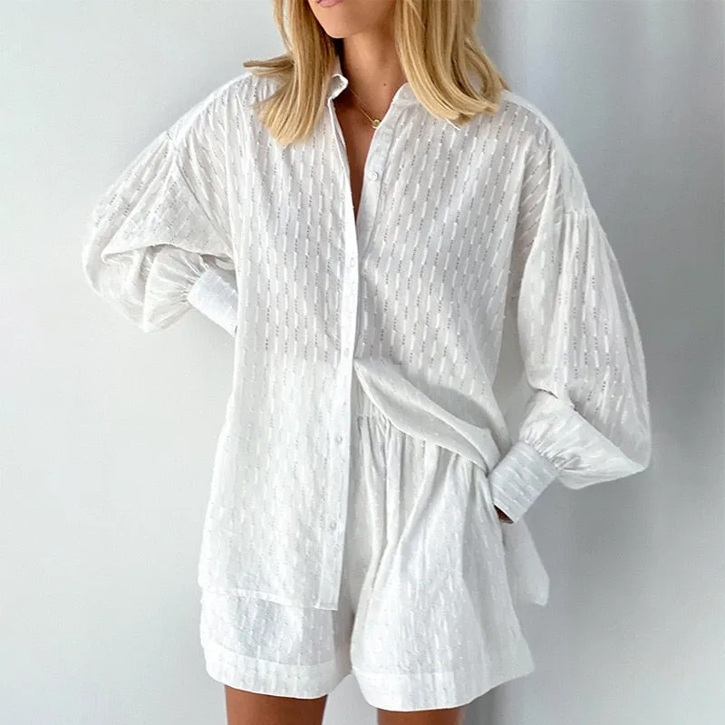 Wenkouban Back To School White Elegant Jacquard Shorts Sets Solid Long Sleeves Shirts And Hot Pants Two Pieces Set Female Casual Vacation Outfits