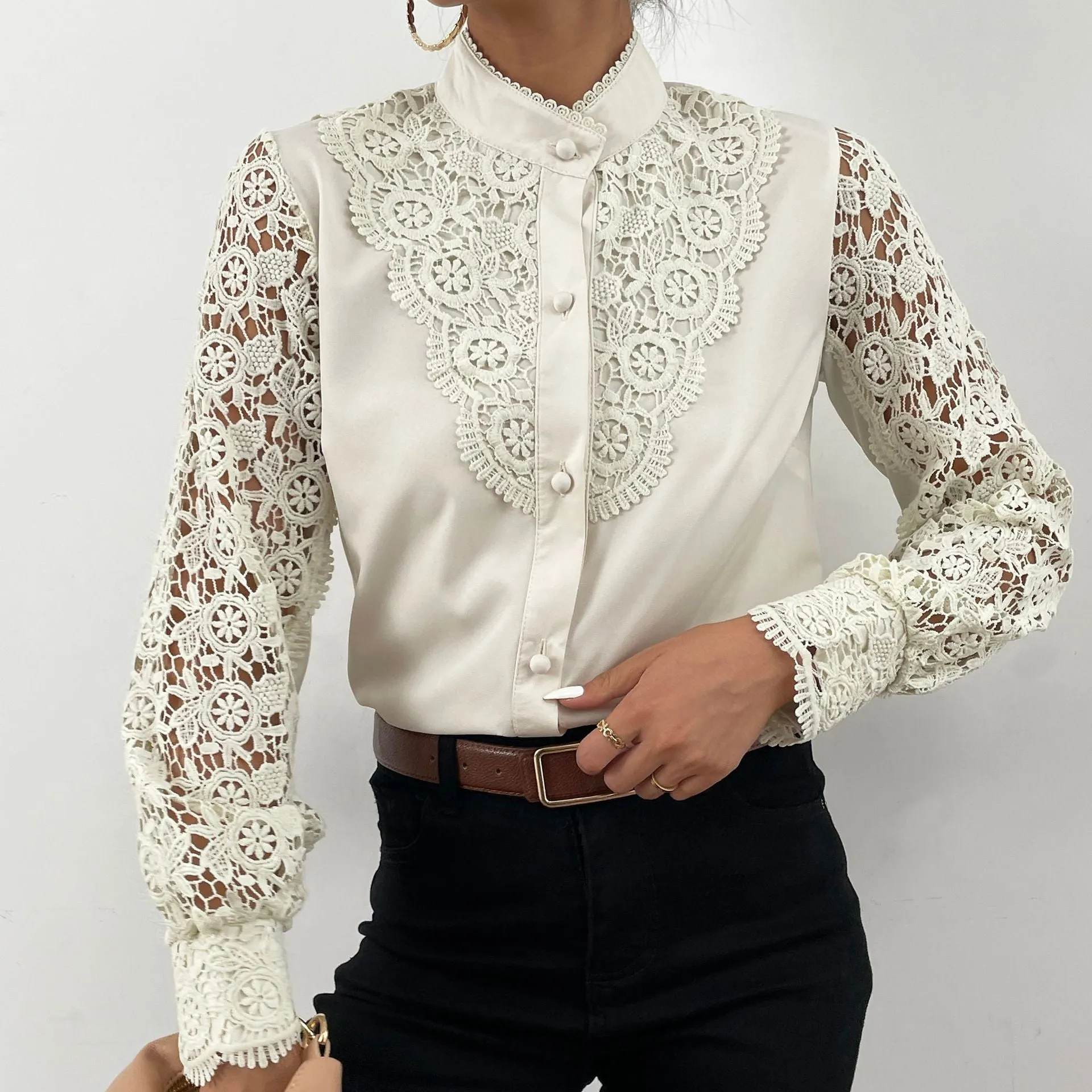 Wenkouban    Graduation Gifts 2023 Spring White Vintage Button Shirts Women  Lace Patchwork Hollow Out Shirt Blouse Long Sleeve O-Neck Mesh Design Tops