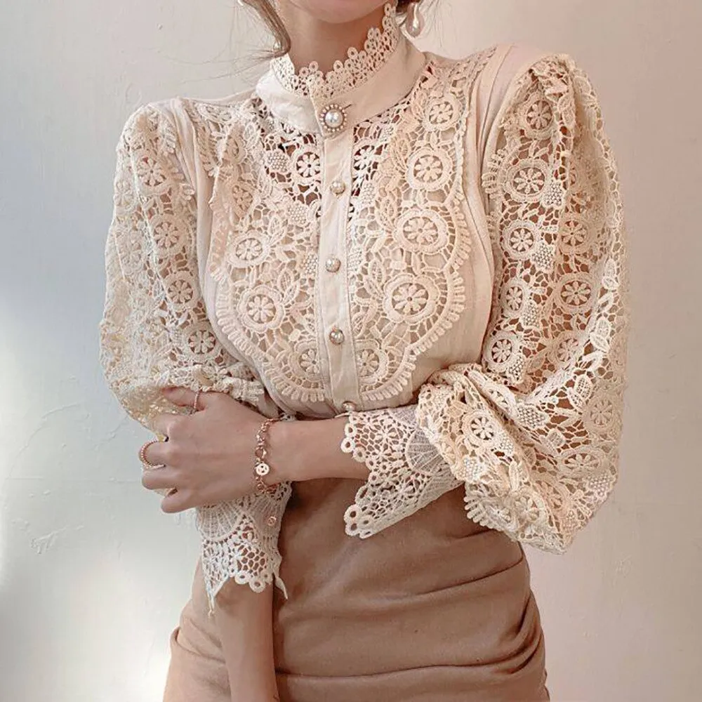 Wenkouban    Graduation Gifts 2023 Spring White Vintage Button Shirts Women  Lace Patchwork Hollow Out Shirt Blouse Long Sleeve O-Neck Mesh Design Tops