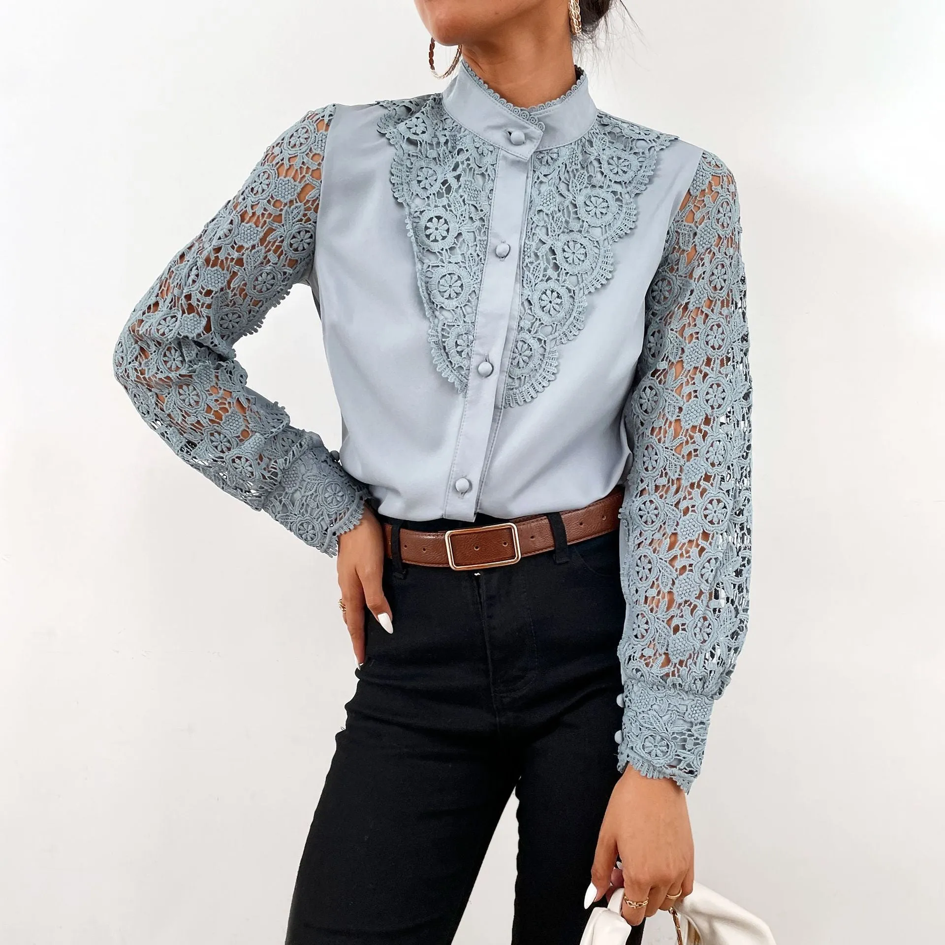 Wenkouban    Graduation Gifts 2023 Spring White Vintage Button Shirts Women  Lace Patchwork Hollow Out Shirt Blouse Long Sleeve O-Neck Mesh Design Tops