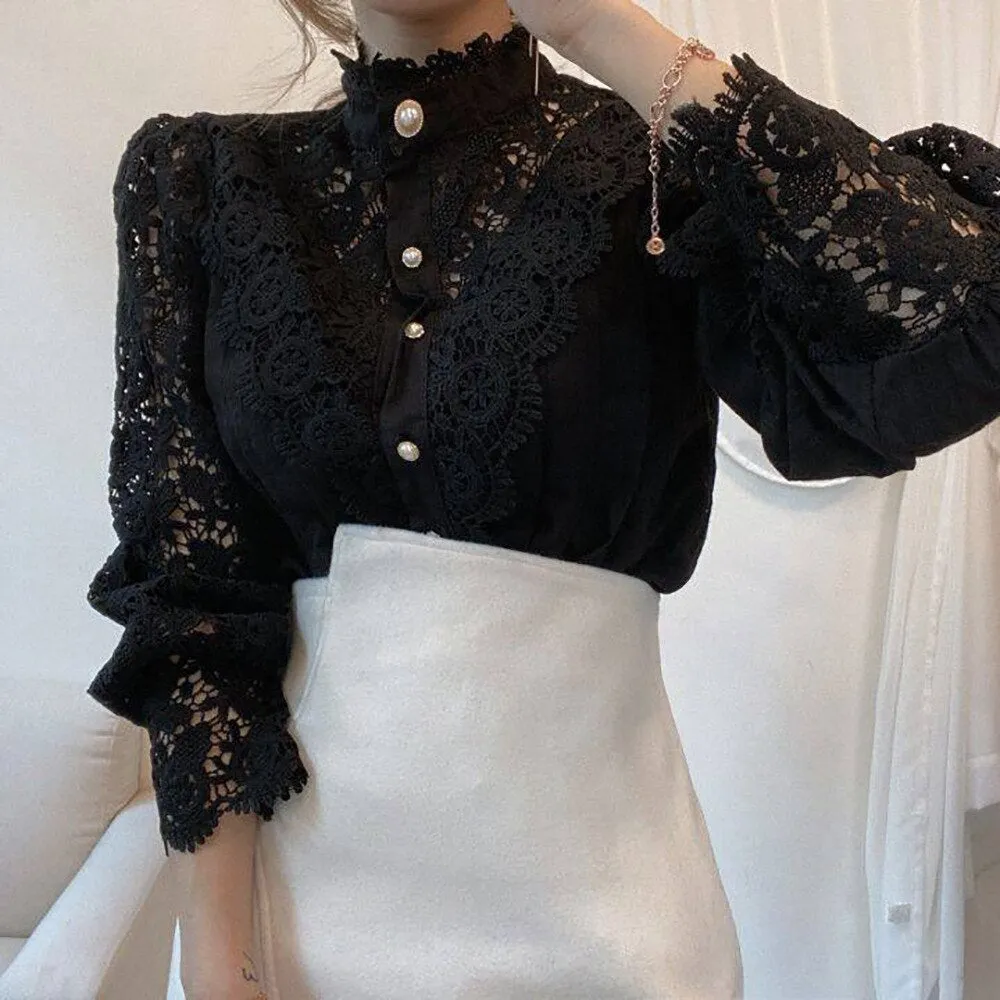 Wenkouban    Graduation Gifts 2023 Spring White Vintage Button Shirts Women  Lace Patchwork Hollow Out Shirt Blouse Long Sleeve O-Neck Mesh Design Tops