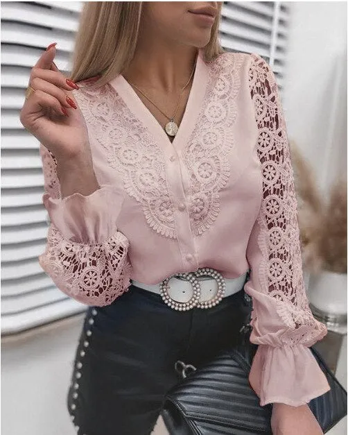 Wenkouban    Graduation Gifts 2023 Spring White Vintage Button Shirts Women  Lace Patchwork Hollow Out Shirt Blouse Long Sleeve O-Neck Mesh Design Tops