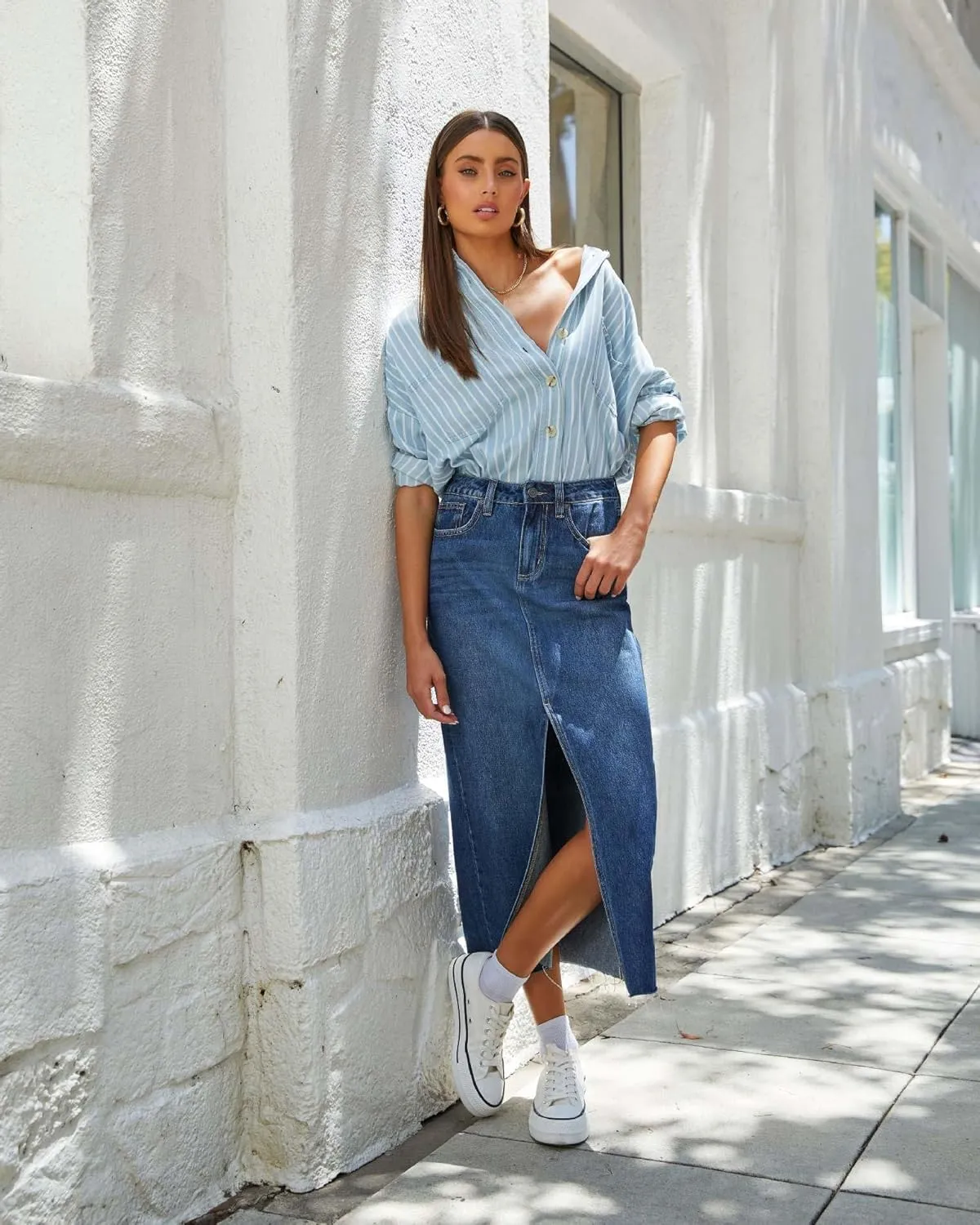 Women High Waisted Distressed Bodycon Denim Skirts Trendy Slit A-Line Long Jean Denim Dress Casual Boho Midi Skirt