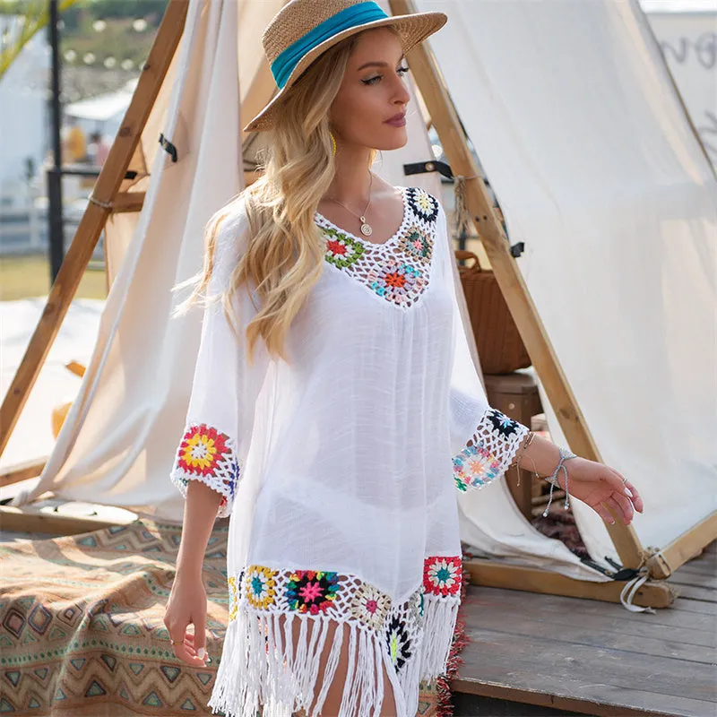 Women V-Neck Hollow Tassel Beach Bikini Cover-Up Sundress
