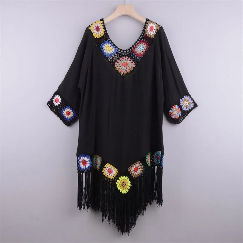 Women V-Neck Hollow Tassel Beach Bikini Cover-Up Sundress