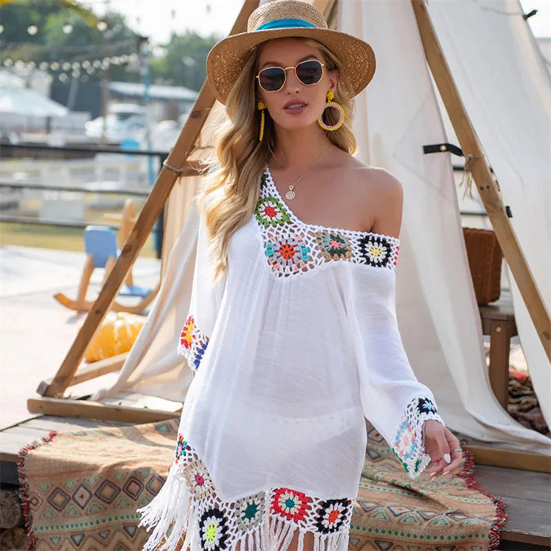 Women V-Neck Hollow Tassel Beach Bikini Cover-Up Sundress